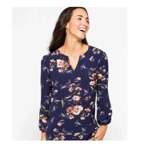 Fun2Fun Top Floral Split Neck Popover Blouse Navy Size Small NEW
